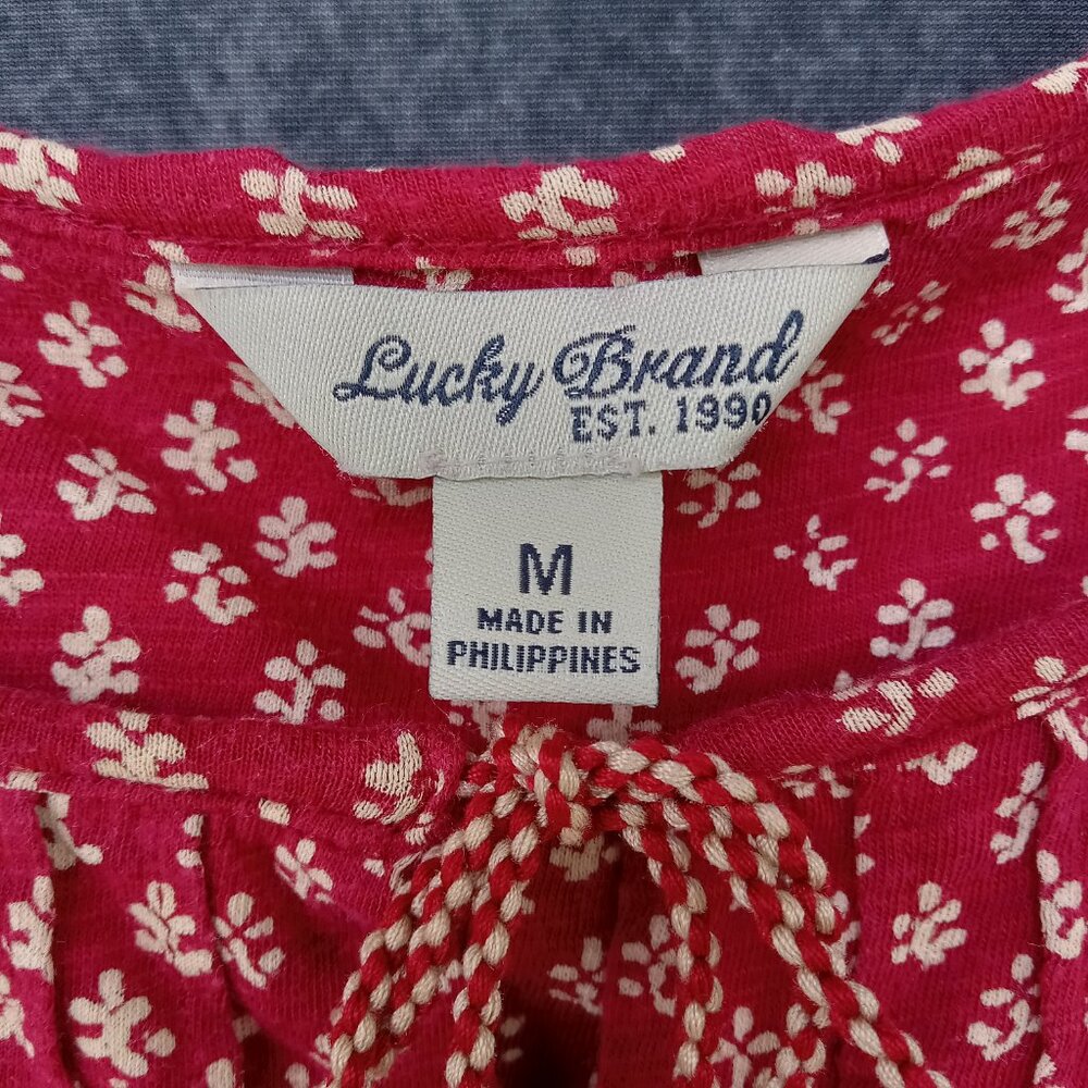 LUCKY BRAND Top Boho Hippie Peasant Festival Blouse Red Tan 3/4 Sleeve Size M - Picture 4 of 6